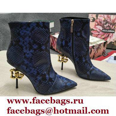 Dolce & Gabbana Thin Heel 10.5cm Leather Ankle Boots Snake Print Blue with Baroque DG Heel 2021 - Click Image to Close